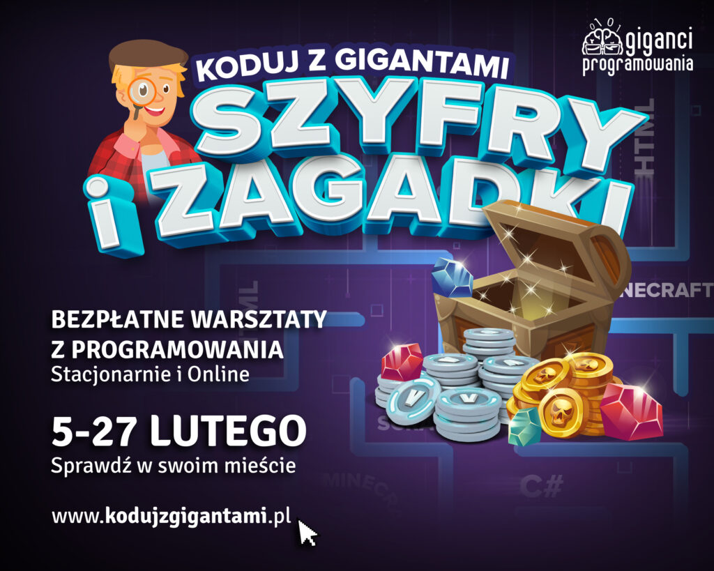 plakat informujący o warsztatach dla uczniów koduj z gigantami 